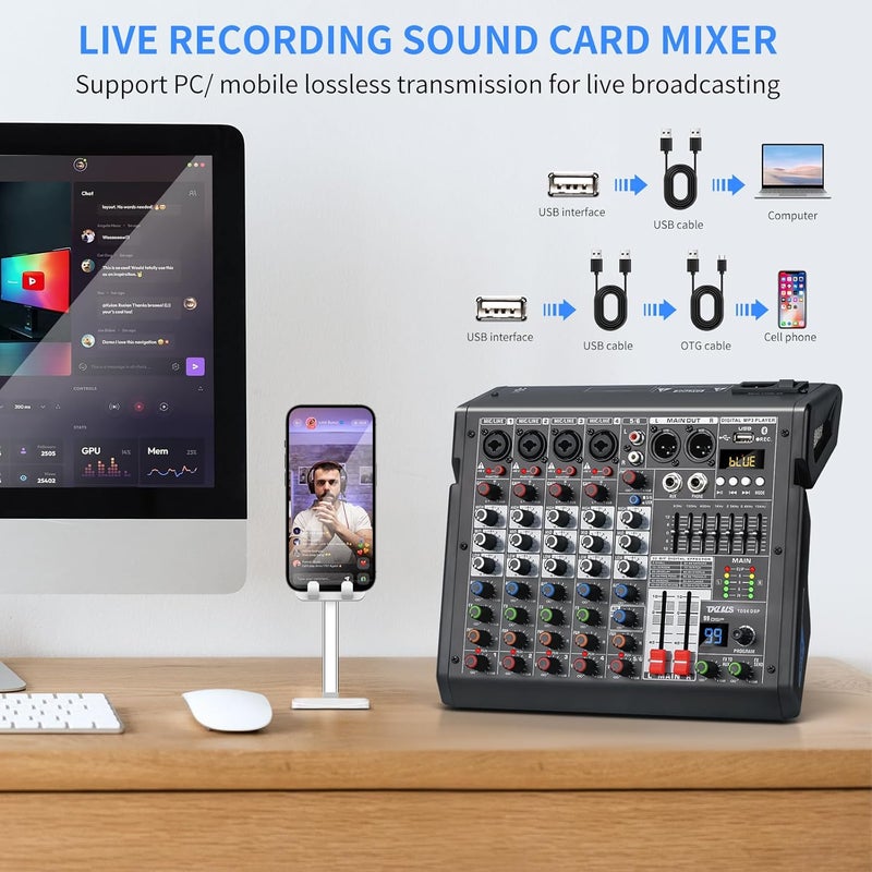 TKLBLS Audio Mixer, 6-Channel Professional DJ Mixer with 99-Bit DSP Effects, 7-Band EQ, 48V Phantom Power, MP3/Computer Input - Studio Audio Mixing Console for Recording & Live Performances - Image 5